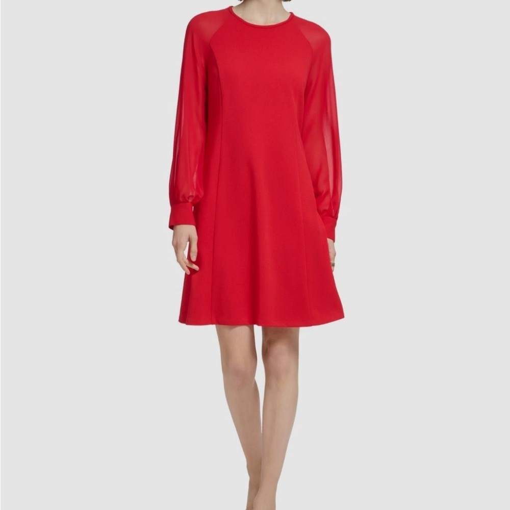 Calvin Klein Women's Red Illusion-Sleeve a-Line Dress Size 12 - Picture 1 of 8